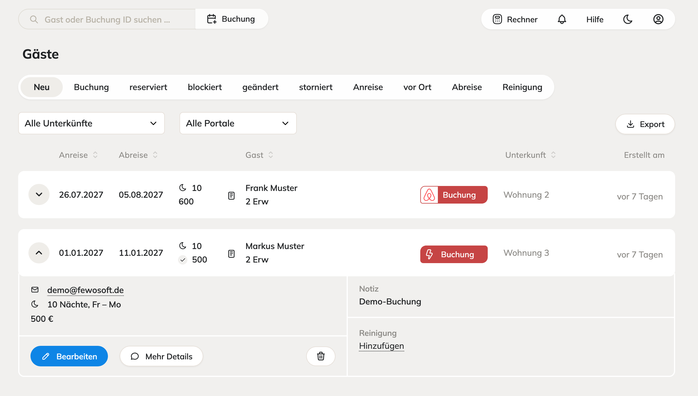 Gästeliste im Fewosoft PMS mit Status-Reitern, Filtern und Buchungsdetails
